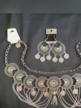 Bohemian Silver Coin Filigree Necklace & Earring Set